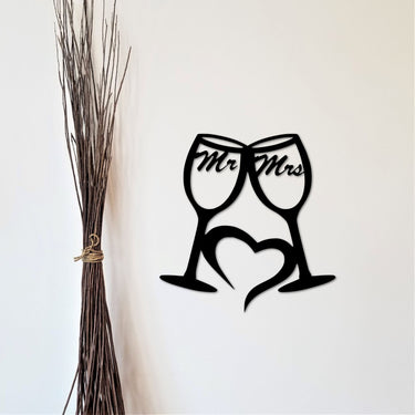 Mr and Mrs Sign | Metal Wine Glasses with Heart | Bride and Groom Gifts | Champagne Flutes | Love Decor | Wedding Sign Gift for Couple